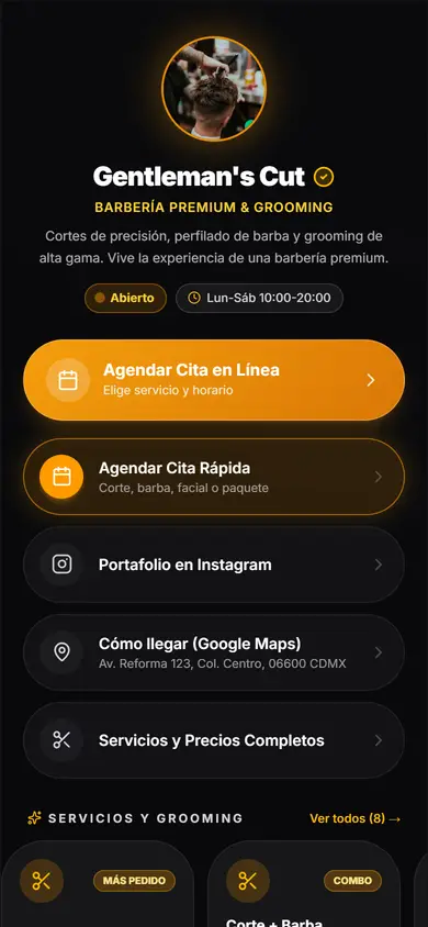 Tarjeta digital interactiva de Gentleman's Cut con servicios y reserva de citas por WhatsApp